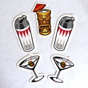 NEW 4.75” VINTAGE TIKI COCKTAIL SHAKER BAR MARTINI VINYL STICKER DECAL LOT OF 5